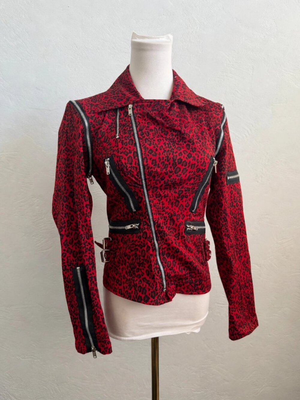 Poizen Industries Red Leopard Moto Jacket Zip-Off Sleeves Goth S